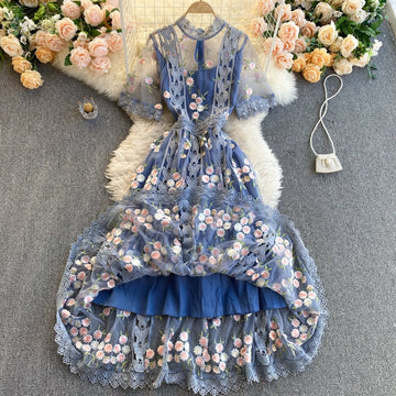 Znbbw Summer Runway Flower Embroidery Dress Women's Flare Sleeve Stand Floral Blue Hollow out Embroidered Long Mesh Dresses